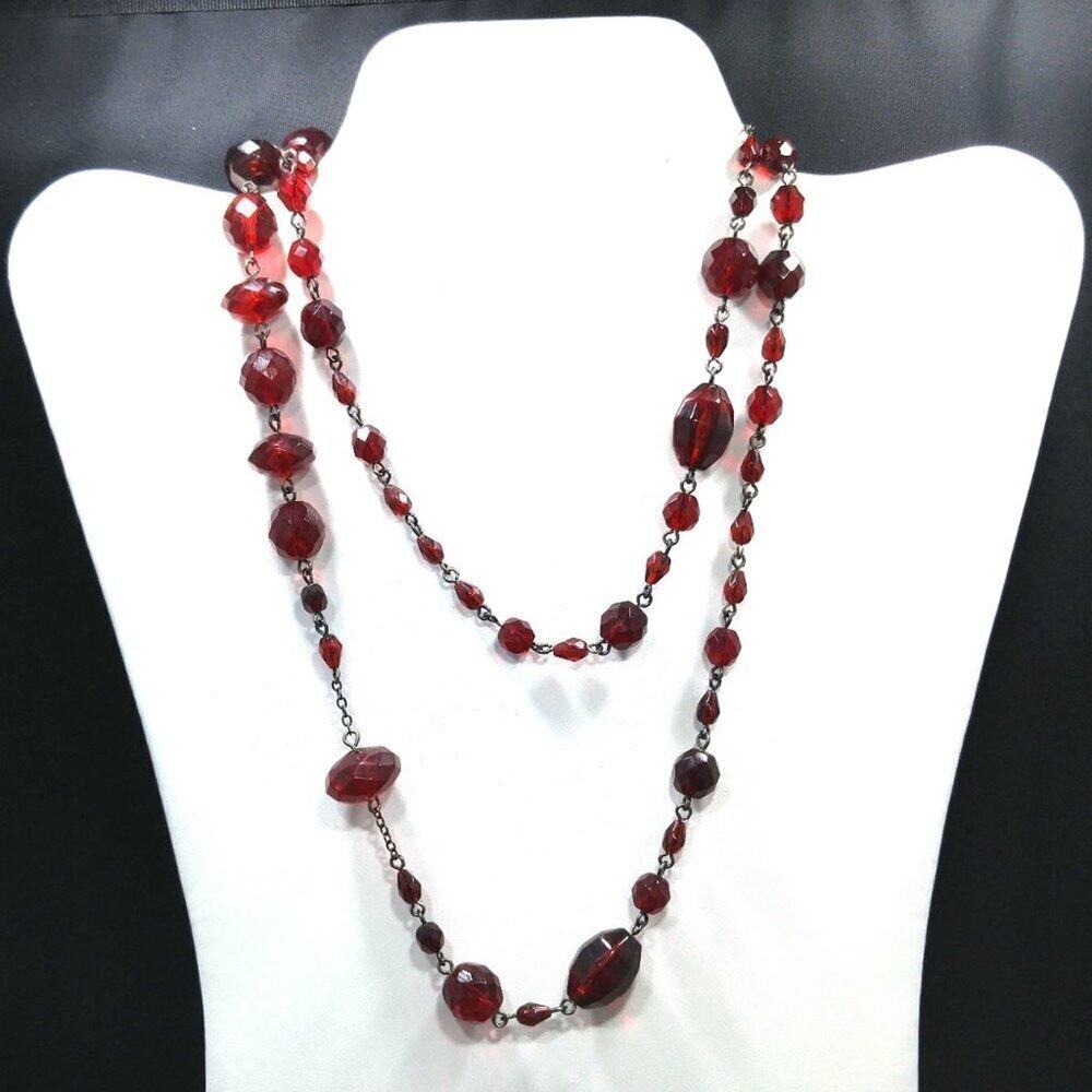 Liz Claiborne Long Red Beaded Necklace 34 Inch Faceted Glass Beads Vintage